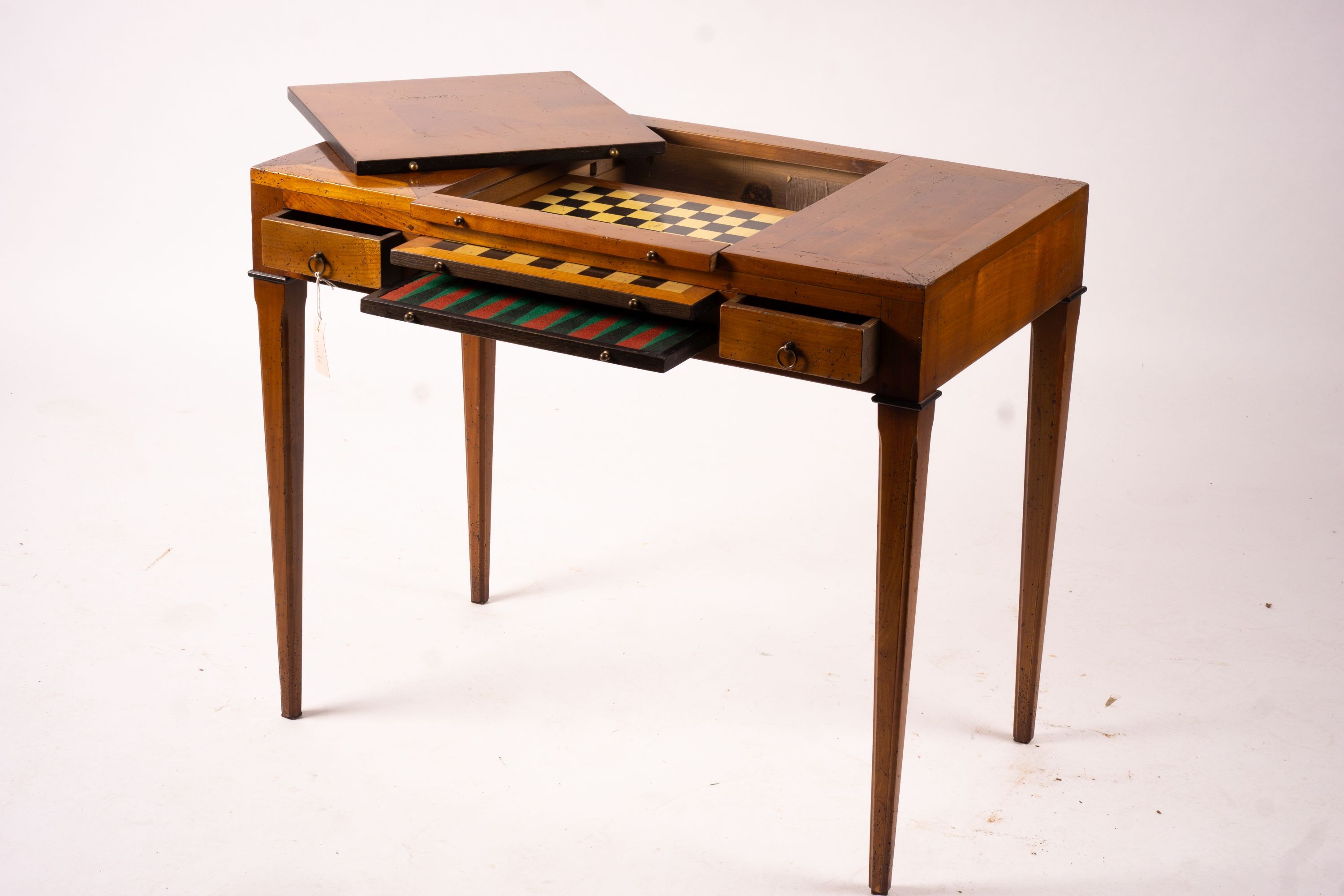 A George III style cherry wood games table with backgammon and chess interior, width 90cm, depth 50cm, height 75cm